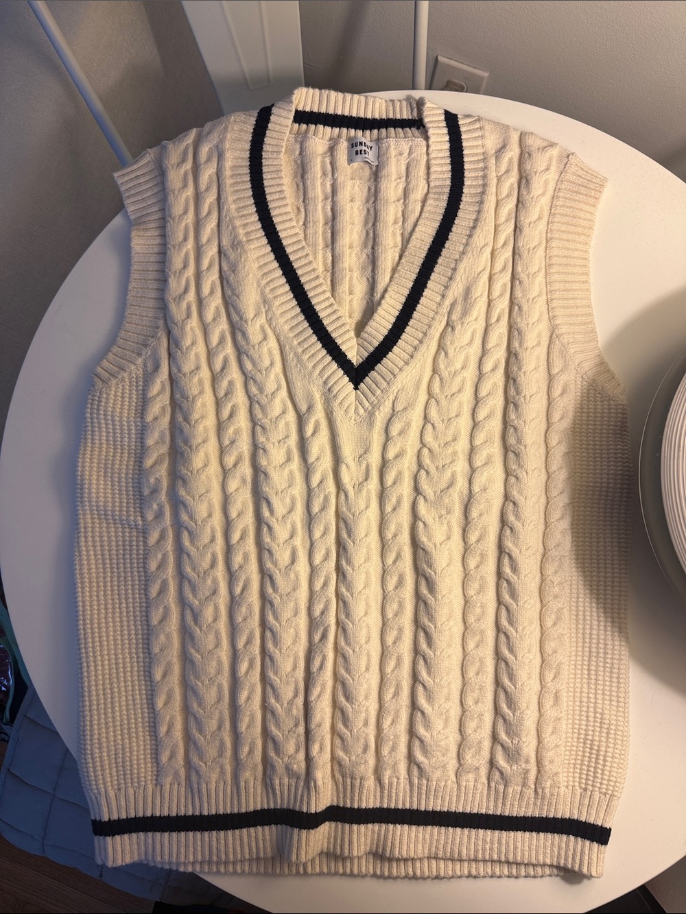 Aritzia Cream Cable Knit V-Neck Sweater Vest with Black Trim